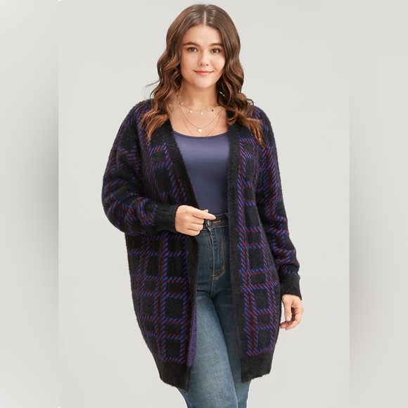 BloomChic Plaid Contrast Soft Sexy Yarn Knit Fluffy Open Front Cardigan 18-20 2X - Picture 2 of 10
